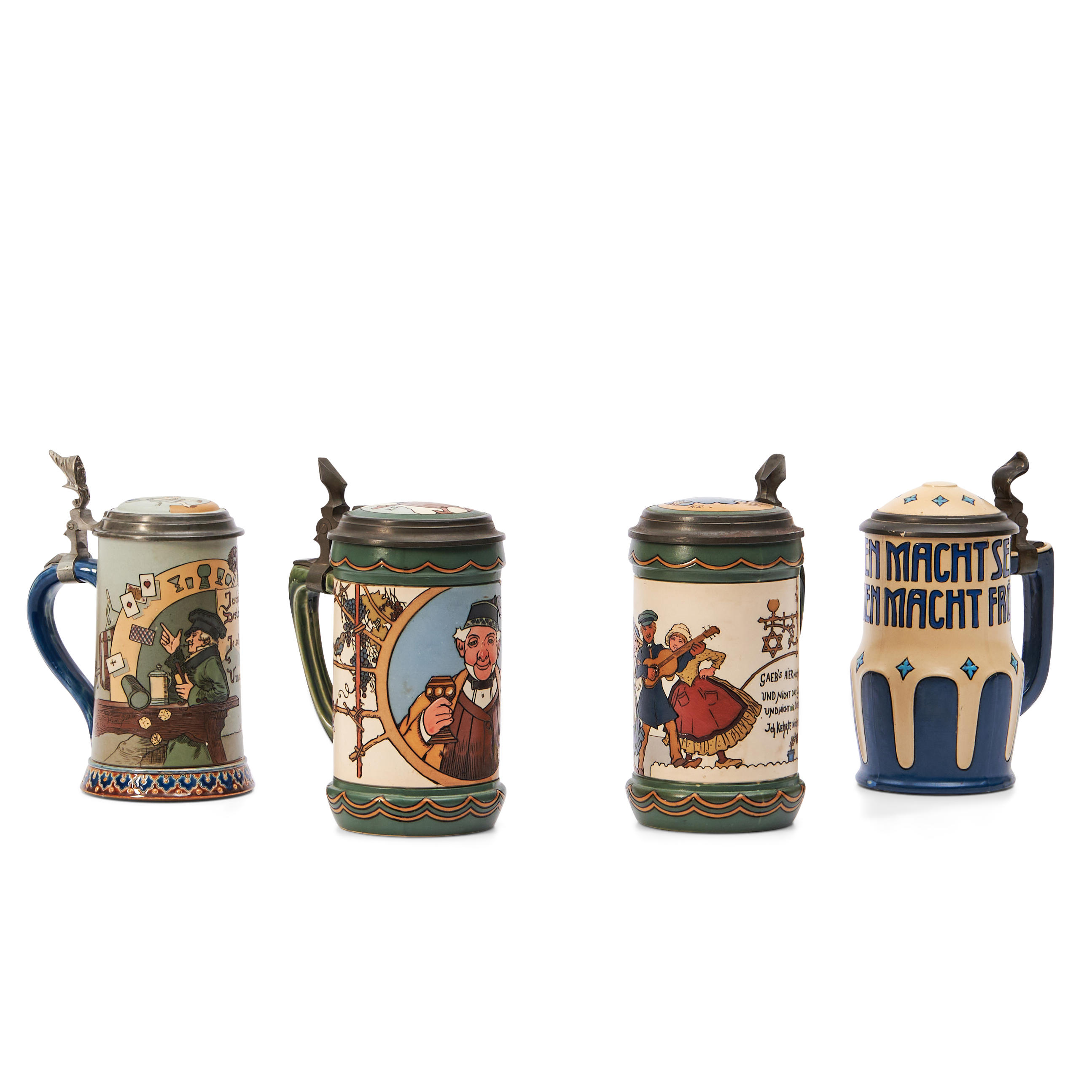 FOUR ETCHED METTLACH STEINS, Germany,