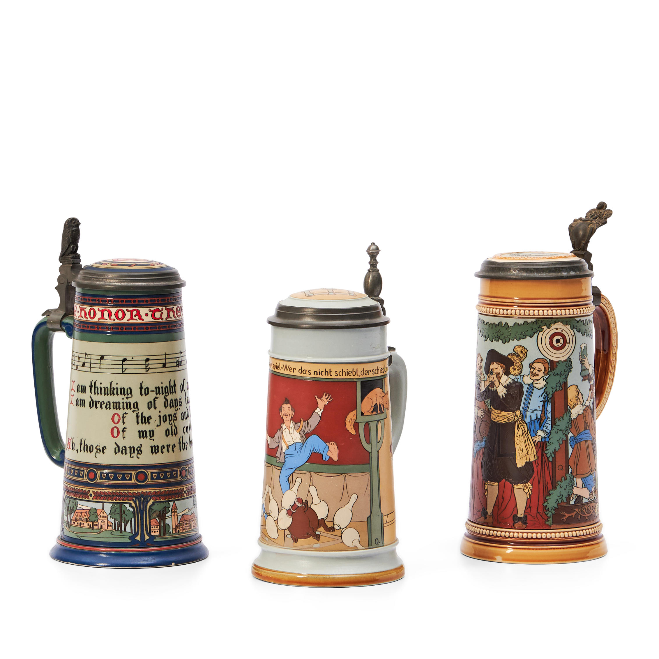 THREE ETCHED METTLACH 1 LITRE STEINS  3aeac2