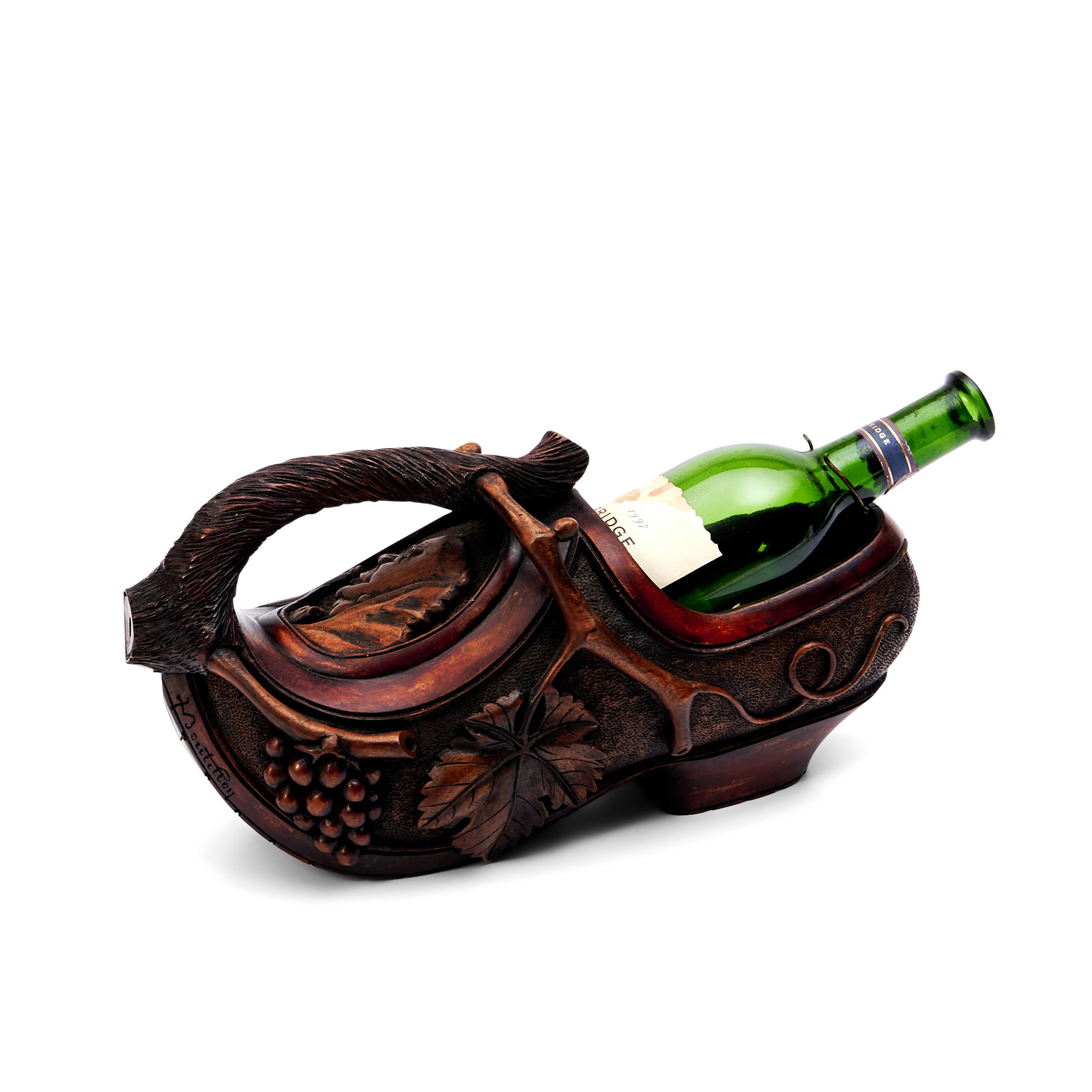 CARVED FRUITWOOD WINE CADDY, probably
