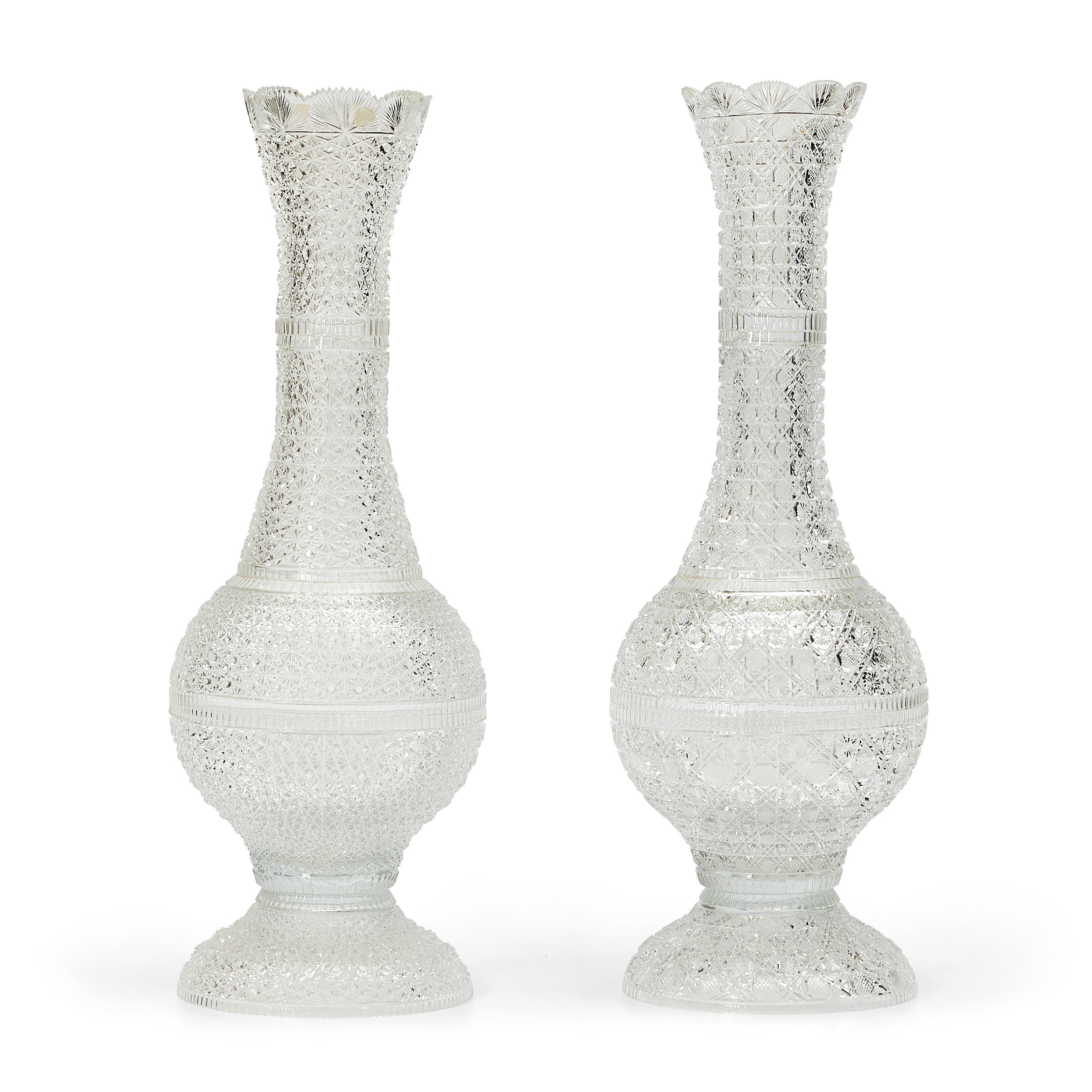 PAIR OF BRILLIANT CUT CRYSTAL VASES,