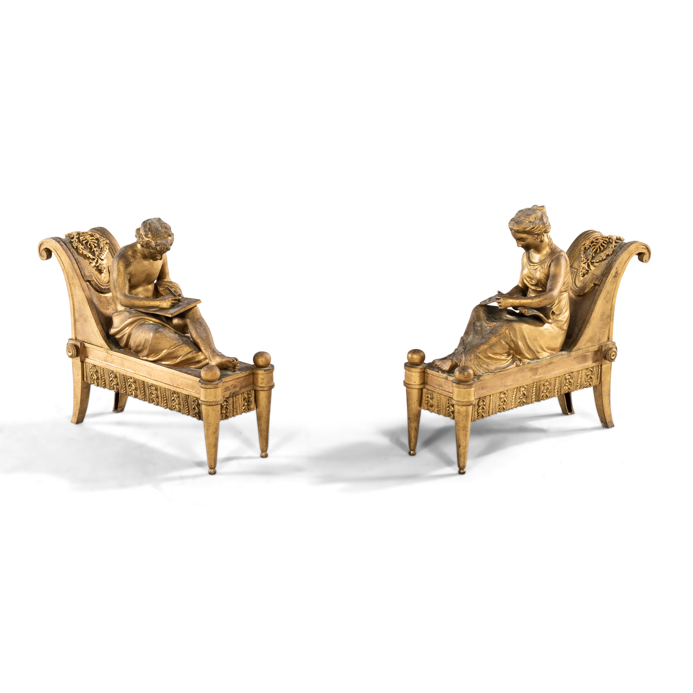 PAIR OF GILT BRONZE FIGURAL CHENETS,