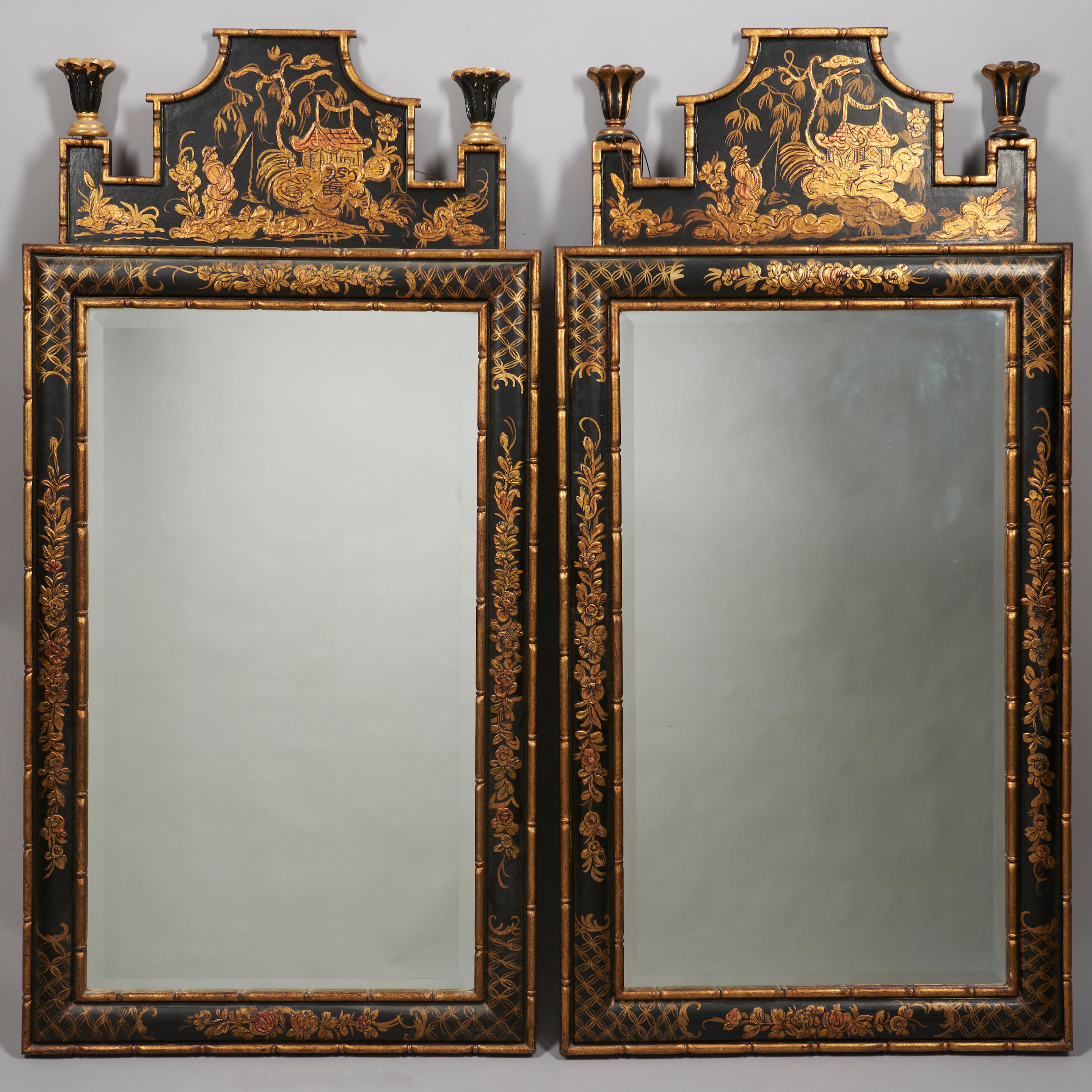 PAIR OF CHINOISERIE DECORATED MIRRORS,