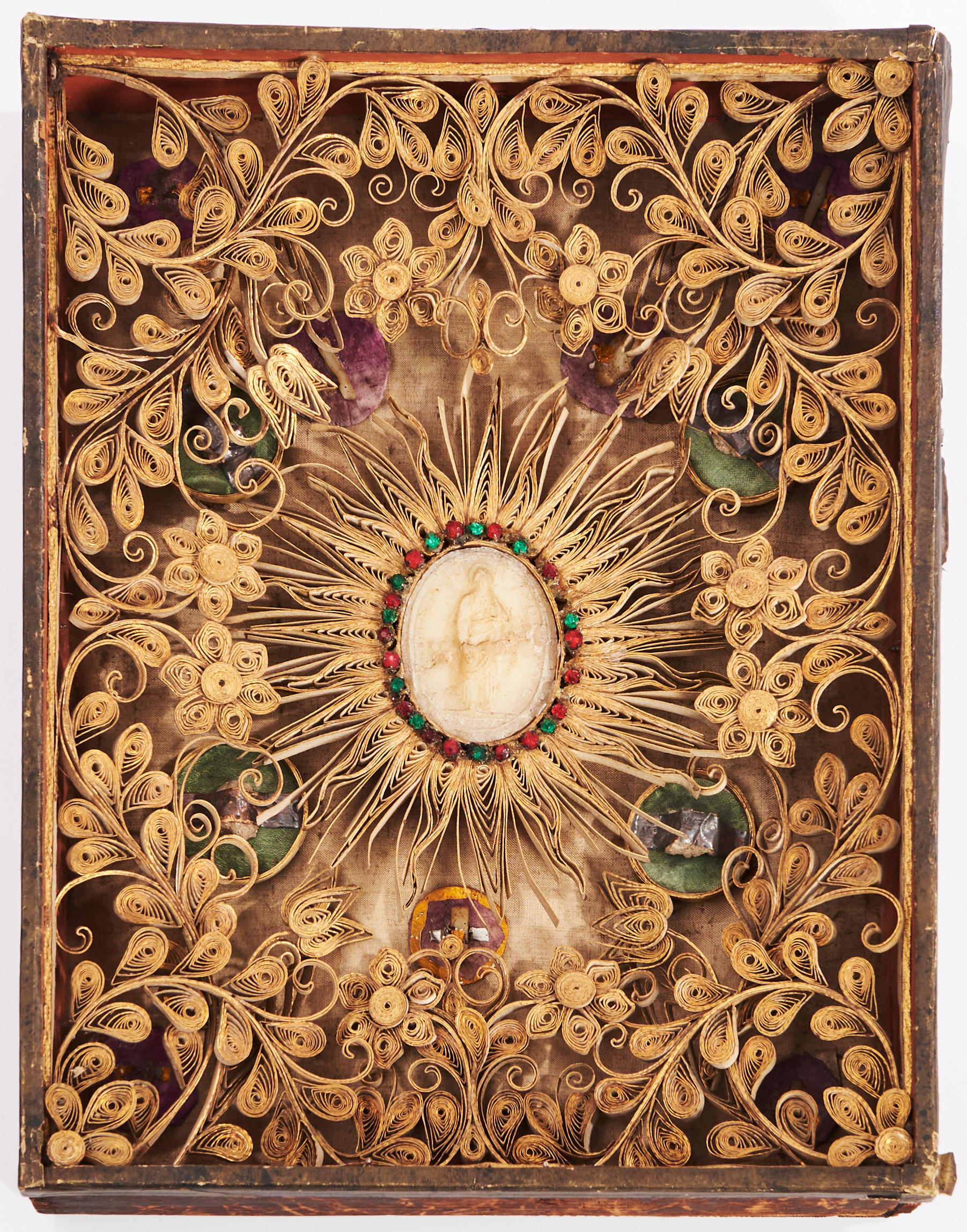 FRAMED QUILLED GILT PAPER RELIQUARY,