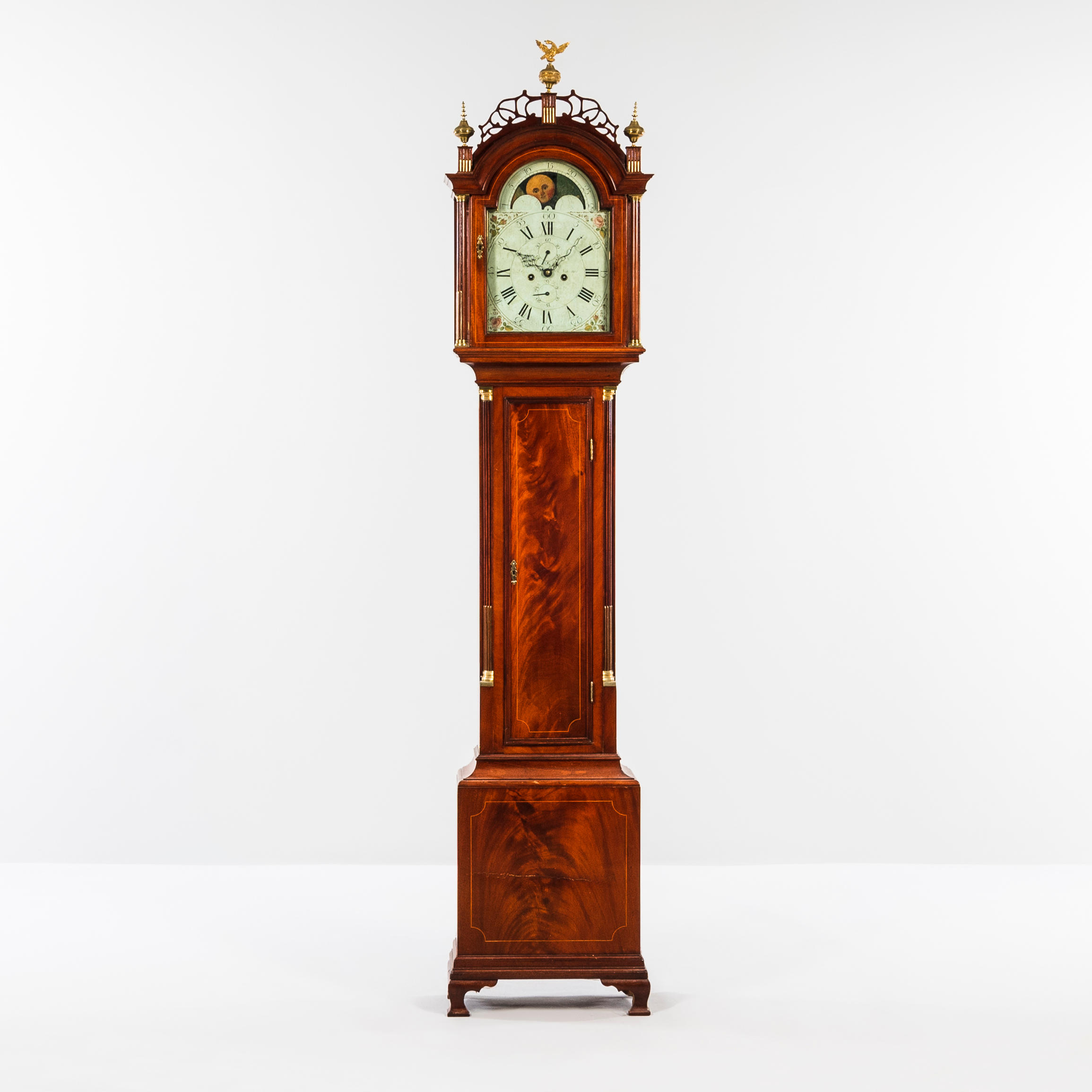 MAHOGANY INLAID ROXBURY-STYLE TALL CLOCK