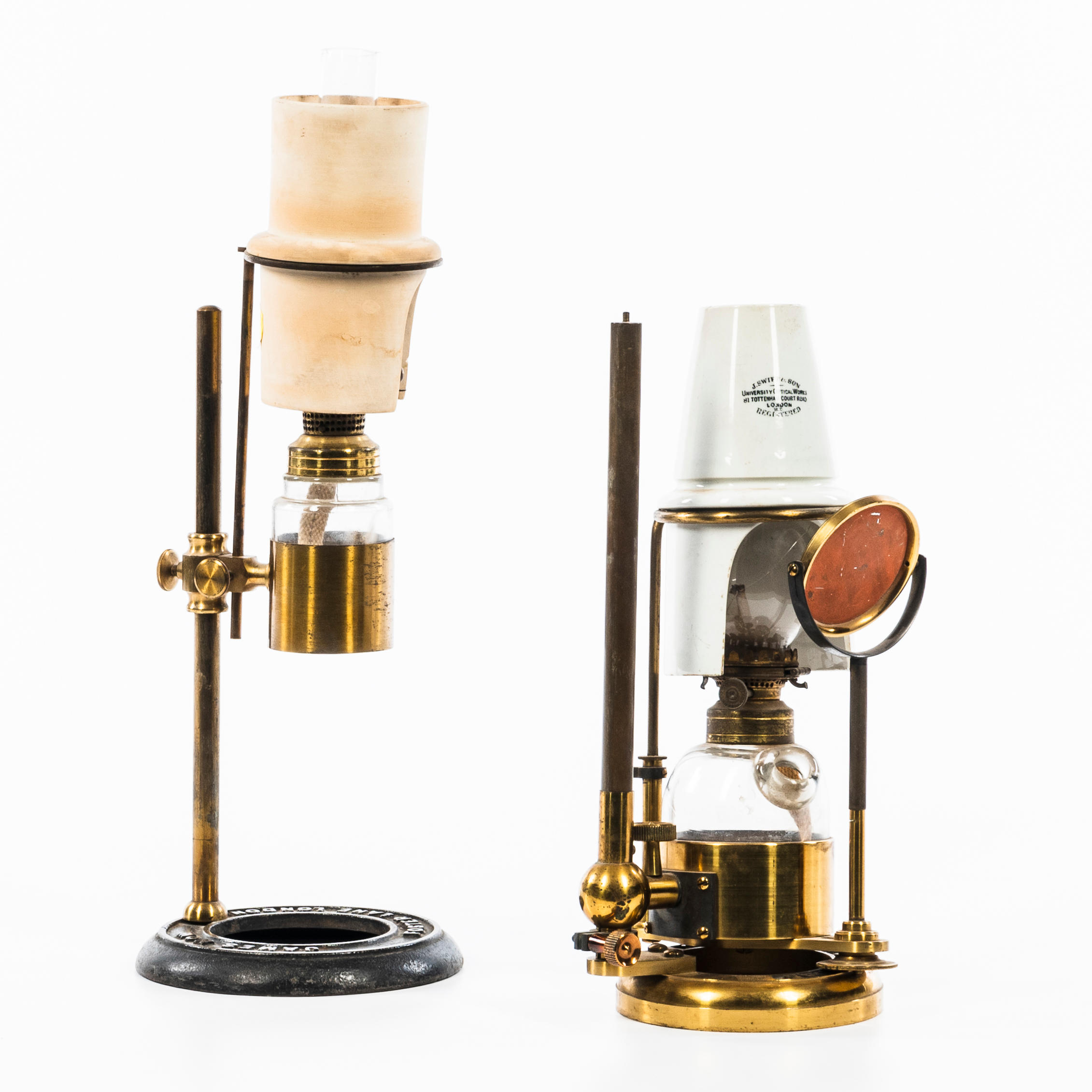 TWO BRASS MICROSCOPE OIL LAMPS 3aec19