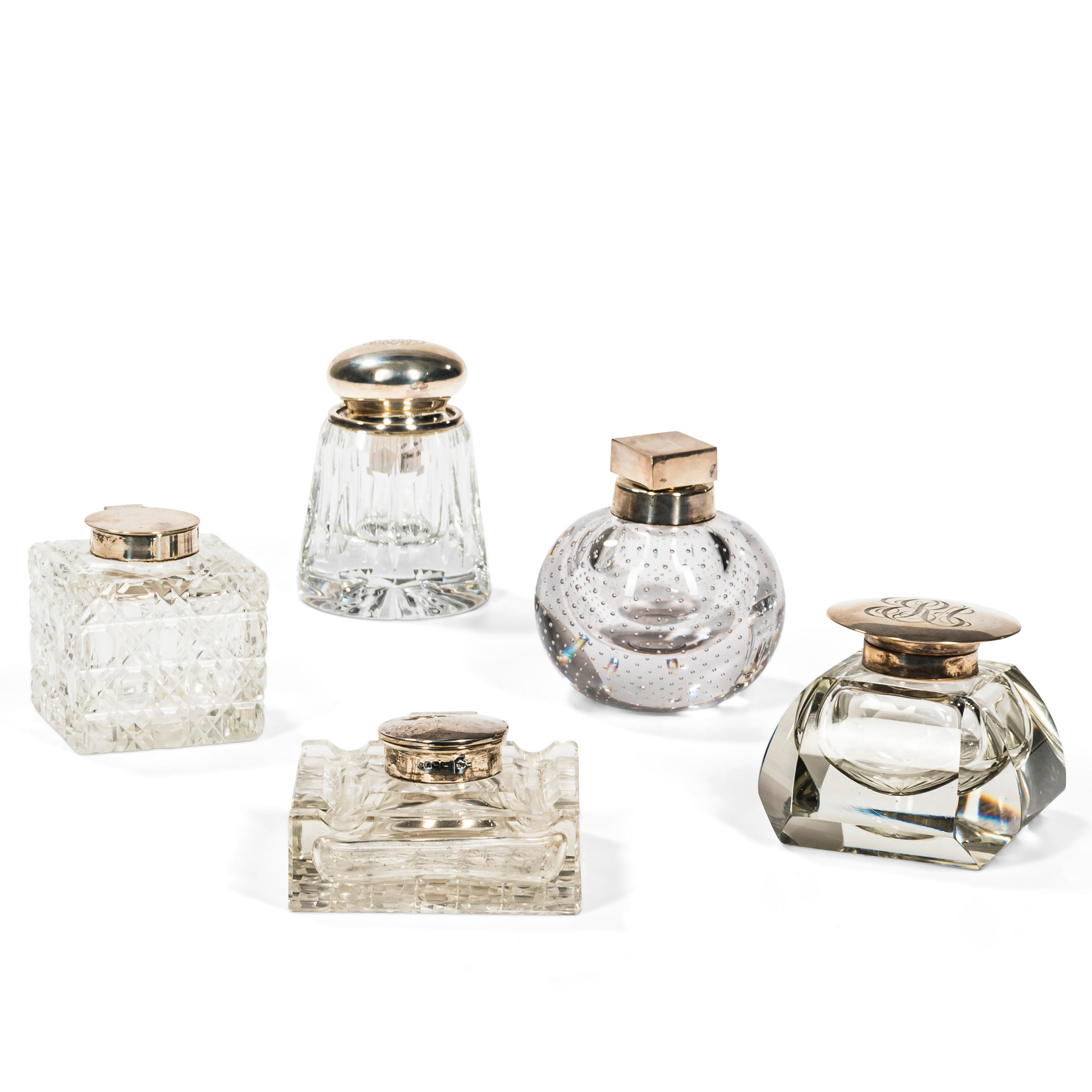 FIVE COLORLESS GLASS INKWELLS All 3aec7e