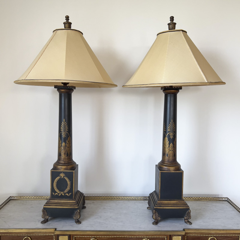 FRENCH TOLE PAINTED LAMPS, PAIReach: