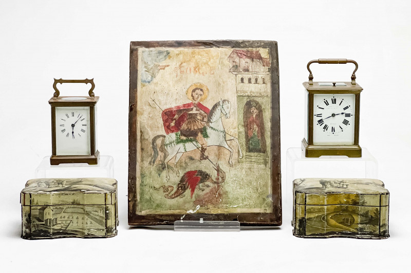 ANTIQUE ICON OF SAINT GEORGE, CLOCKS