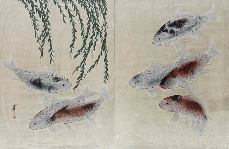 JAPANESE TWO PANEL SCREEN KOI 3af1f6