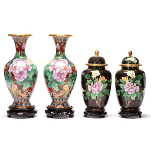 Two pairs of cloisonne vases on stands,