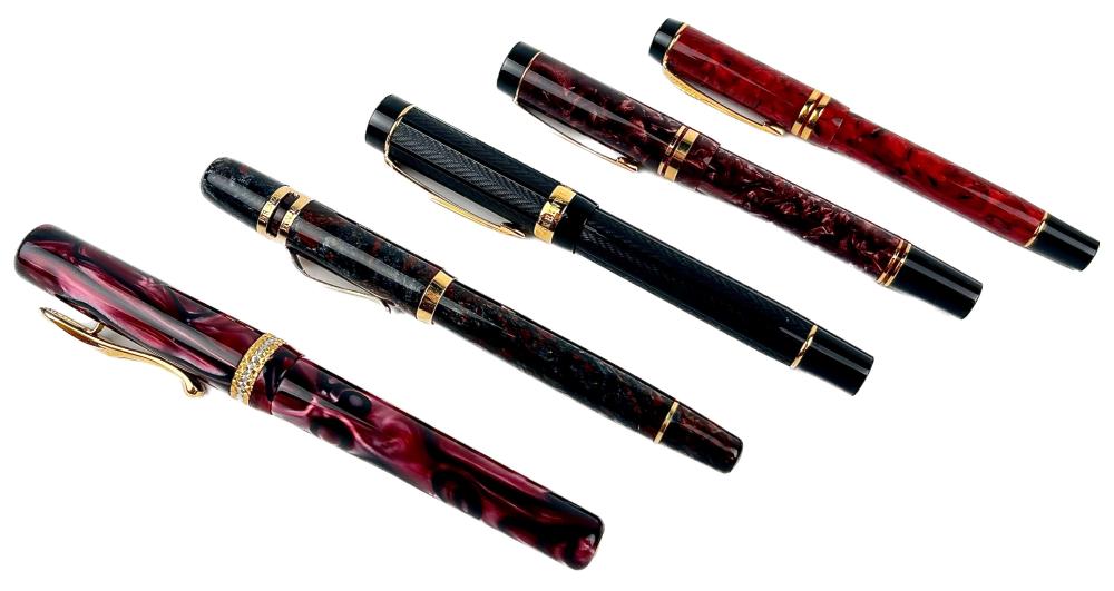 FIVE FOUNTAIN PENS LENGTHS APPROX.