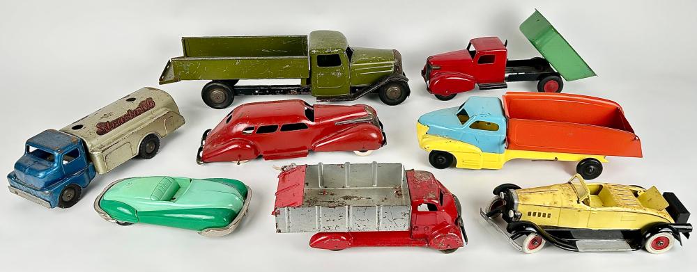 EIGHT STEEL TOY CARS AND TRUCKS