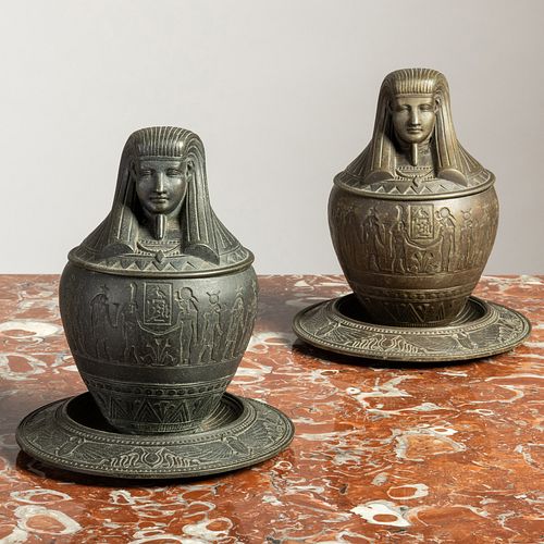 PAIR OF EGYPTIAN STYLE PATINATED-METAL