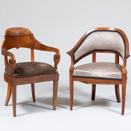 TWO BIEDERMEIER WALNUT UPHOLSTERED