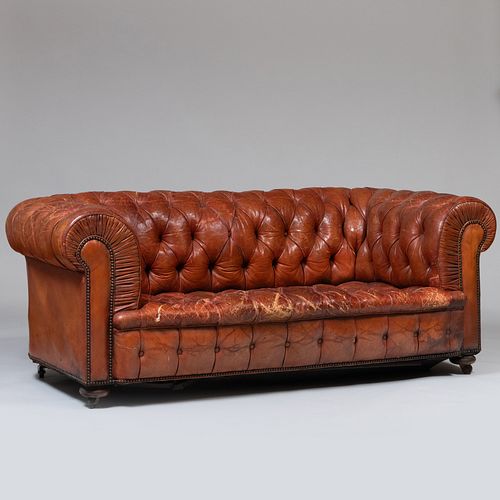EDWARDIAN BROWN LEATHER TUFTED