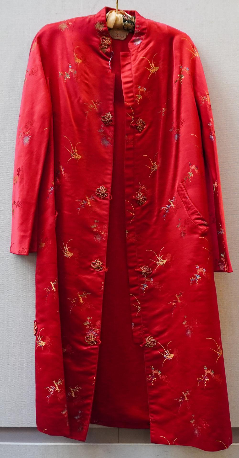 CHINESE POLYCHROME EMBROIDERED RED SILK