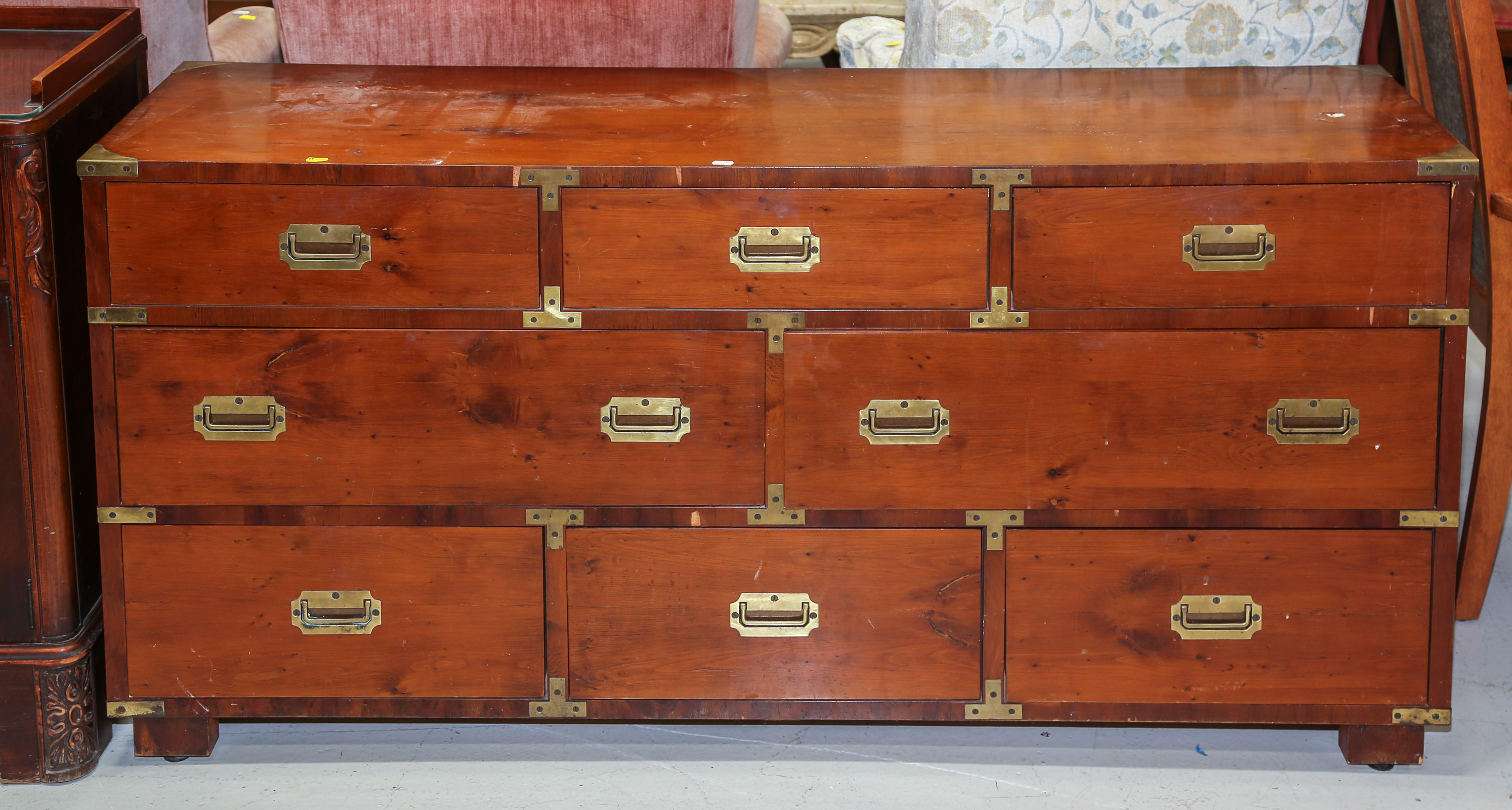 CAMPAIGN STYLE YEW CHEST OF DRAWERS