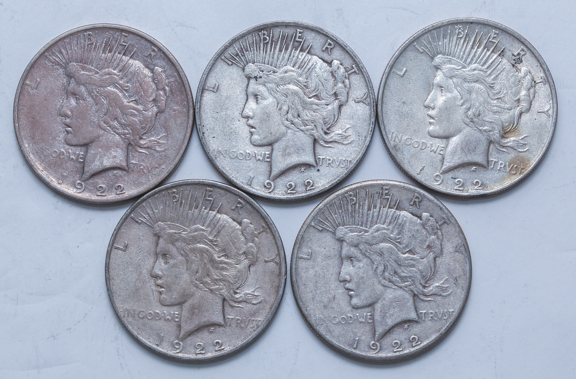 FIVE SILVER PEACE DOLLARS 1922
