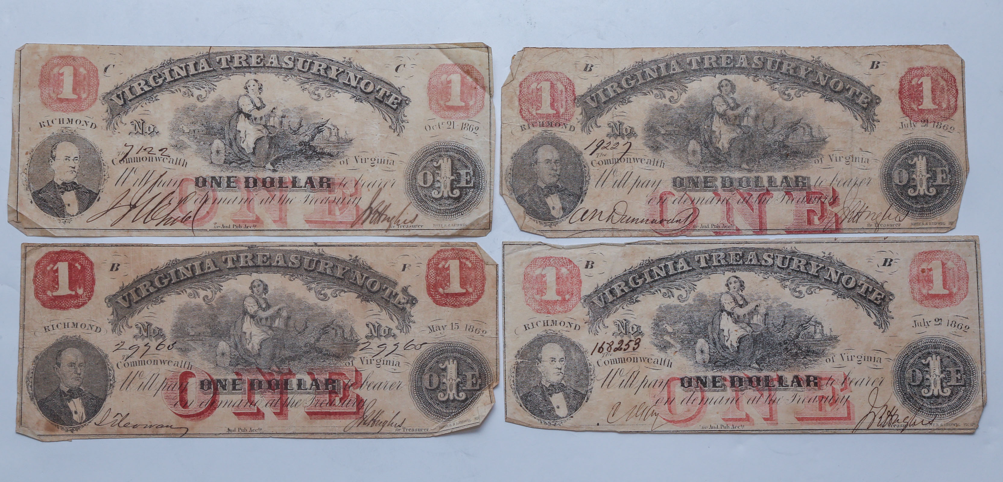 FOUR 1862 $1 VIRGINIA TREASURY