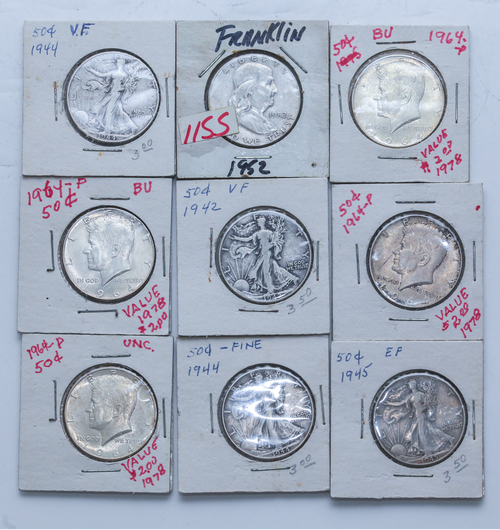 NINE SILVER US HALF DOLLARS 4-