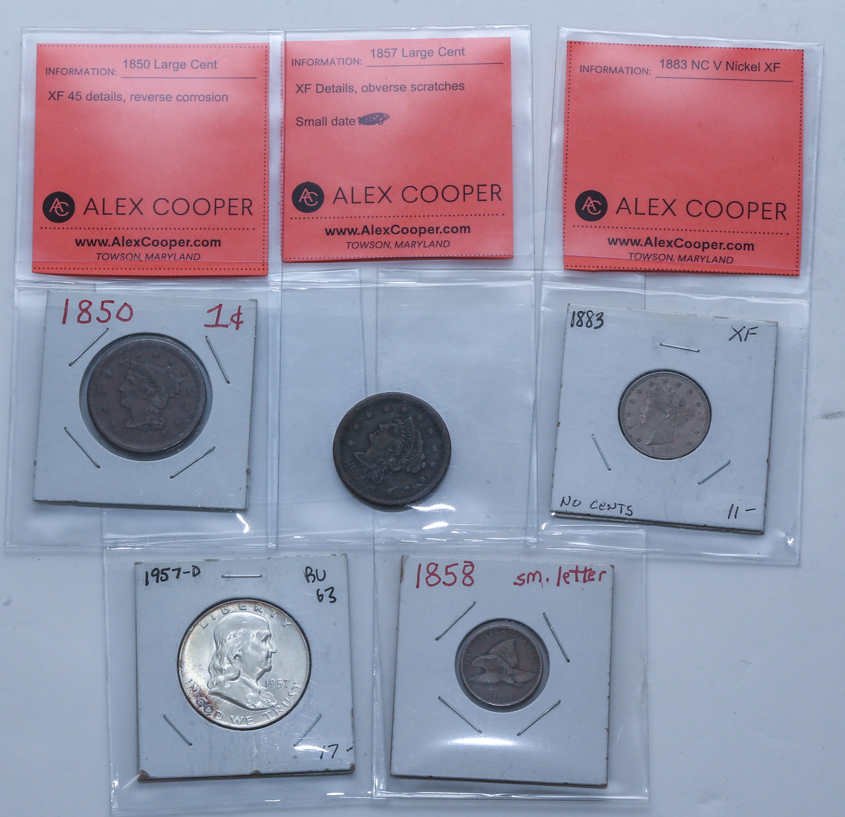 FIVE US TYPE COINS 1850 Large Cent 3b253e