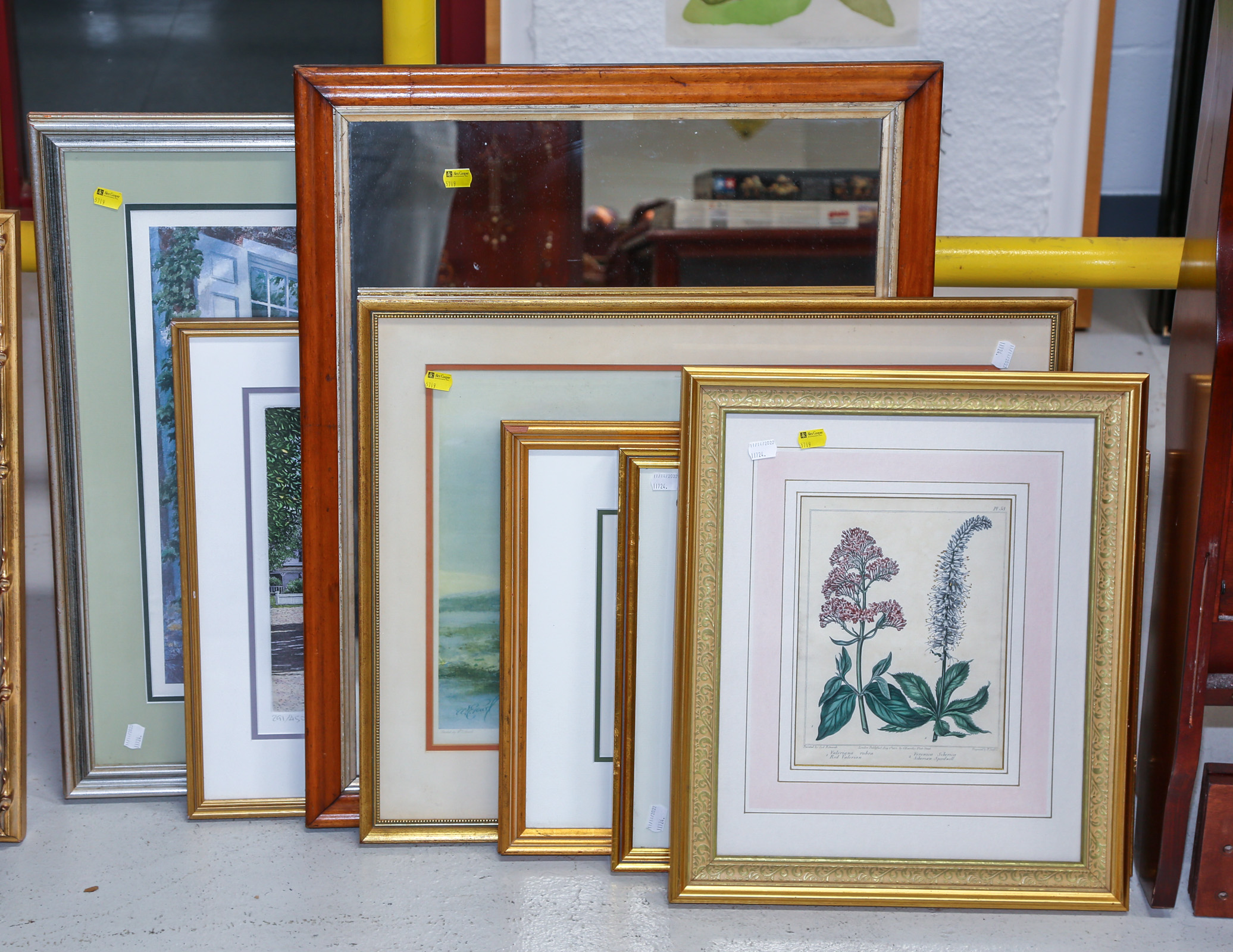 SIX FRAMED WALL DECORATIONS & AN ANTIQUE