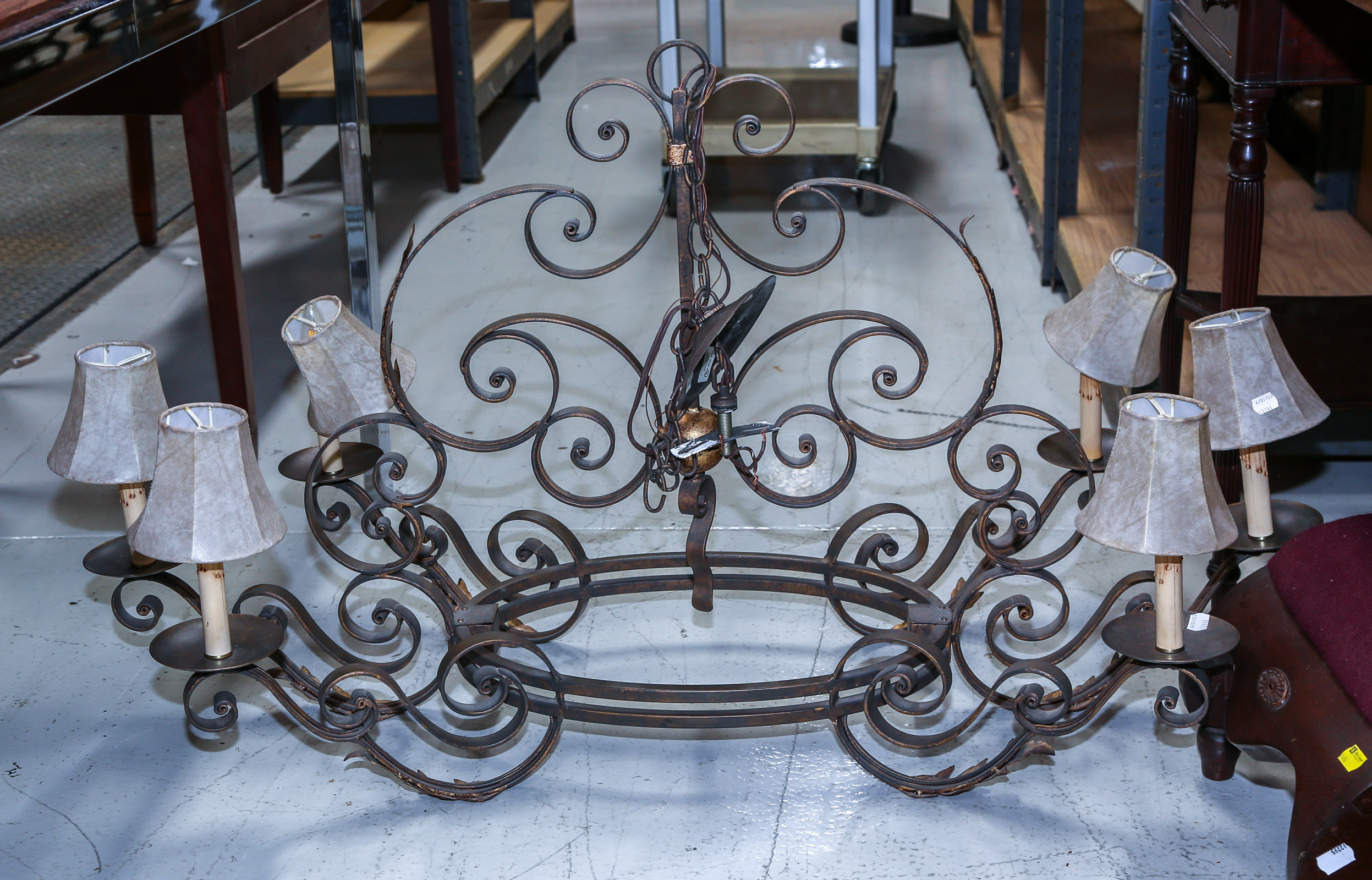 LARGE WROUGHT IRON SIX-LIGHT CHANDELIER