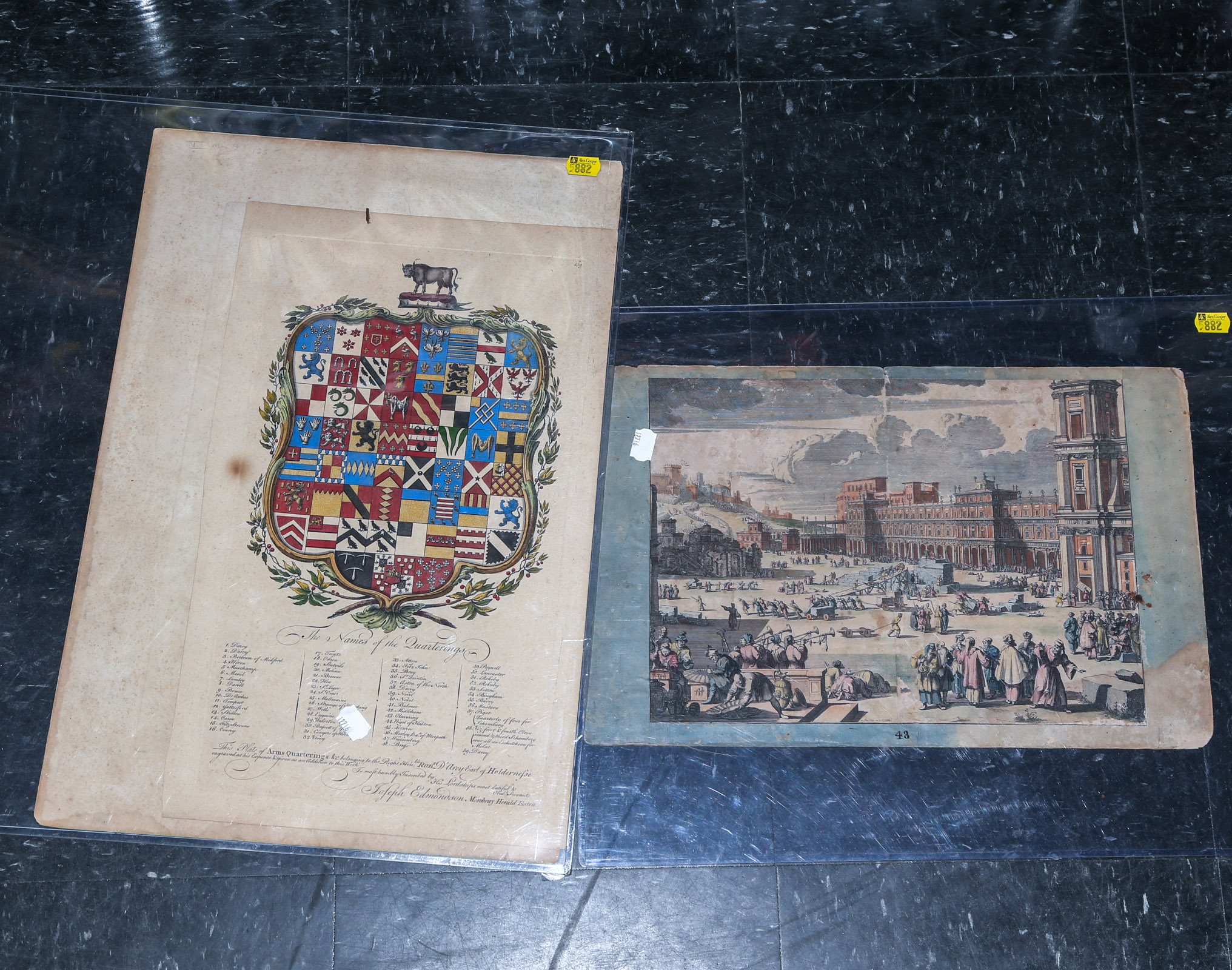 ANTIQUE ETCHING & TWO ARMORIAL