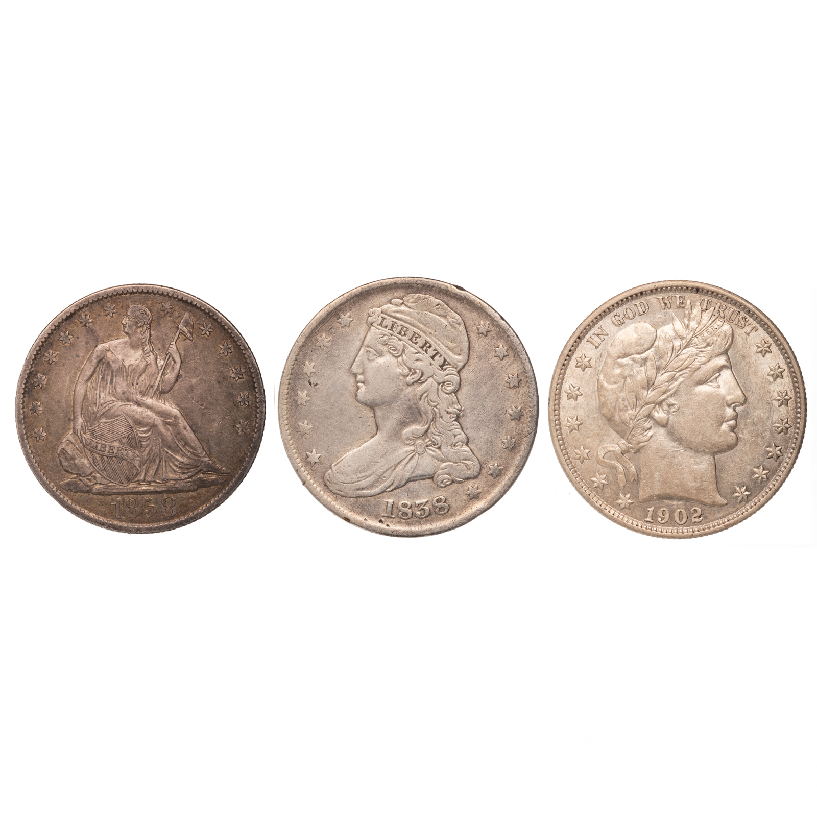 THREE TYPE HALF DOLLARS 1858 O 3b2828