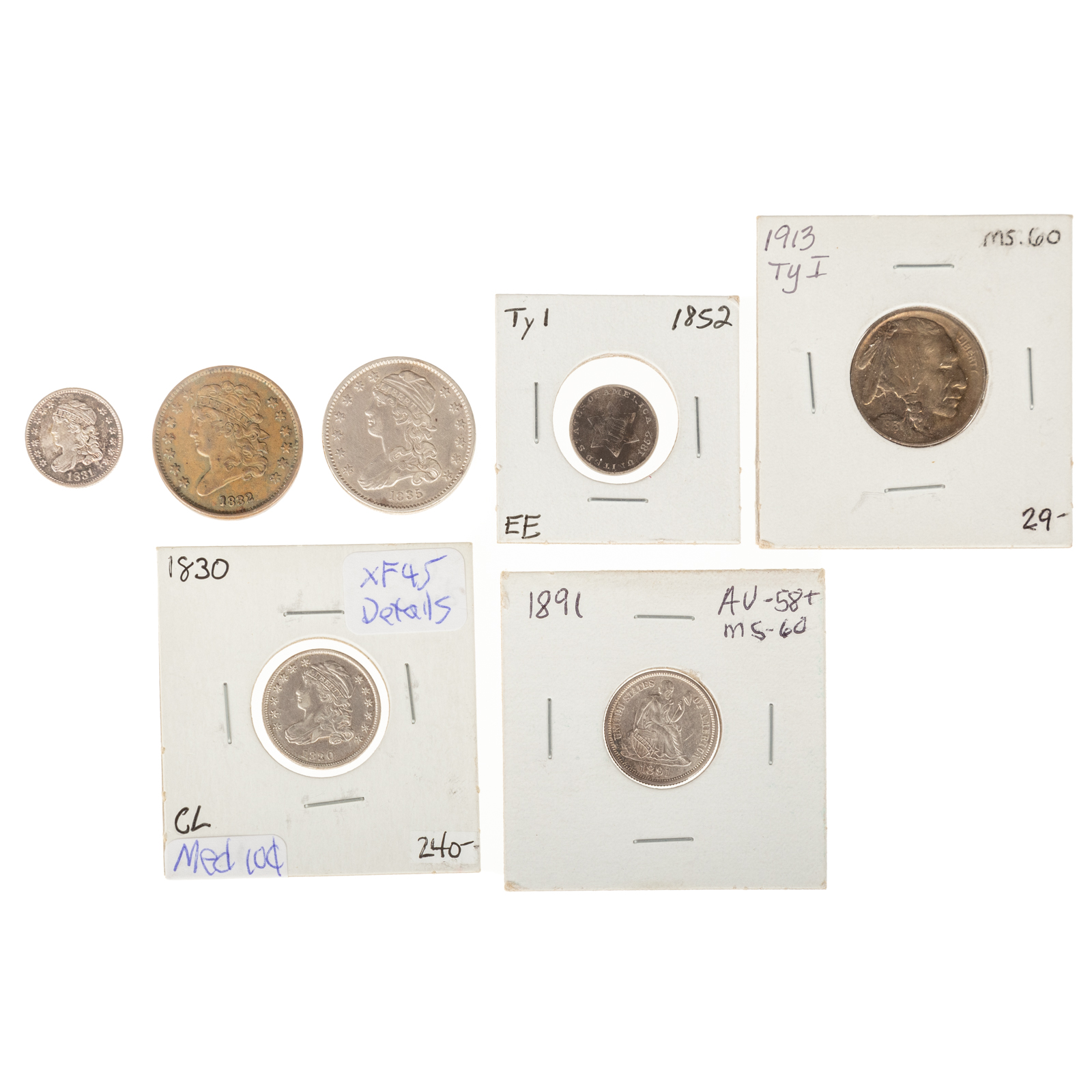 SIX NICE TYPE COINS WITH AU BUST