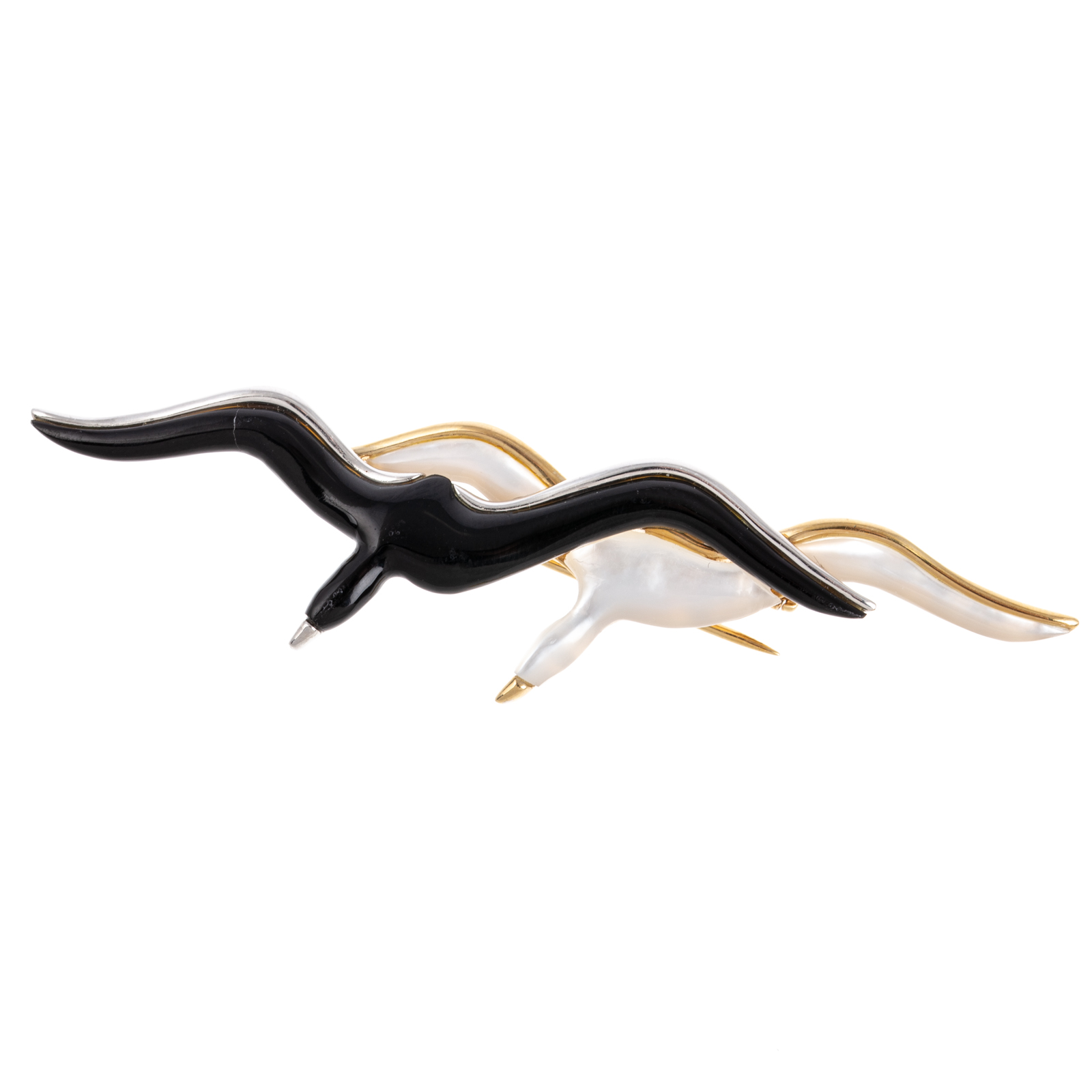 A BLACK ONYX & MOP SEAGULL BROOCH IN