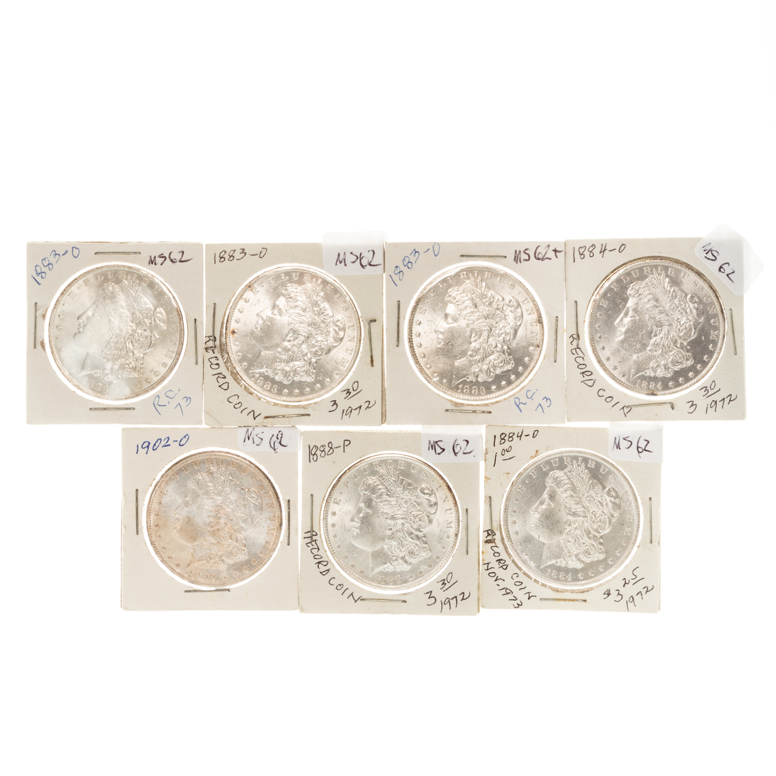 SEVEN MS62 MORGAN DOLLARS 1883-O,