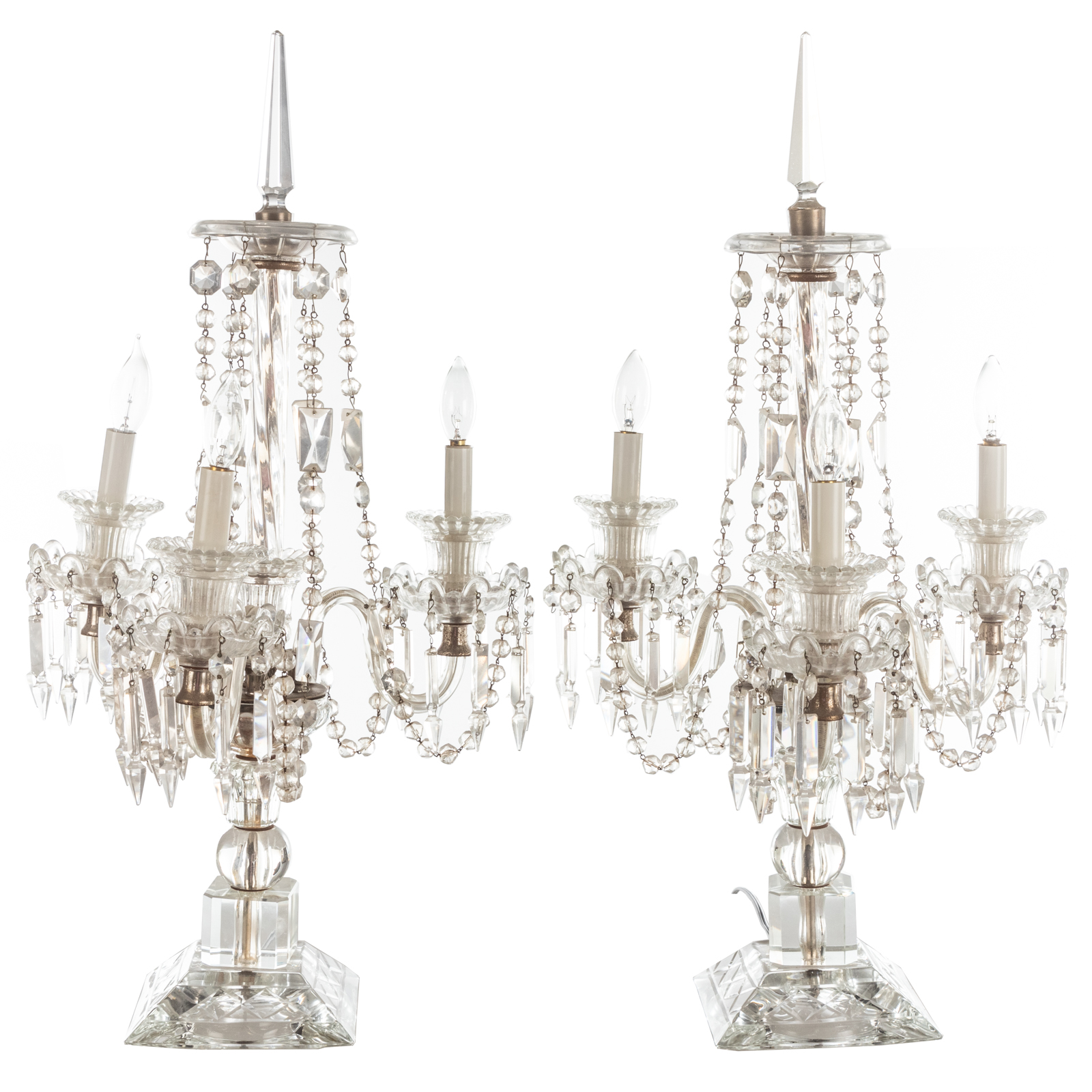 A PAIR OF CRYSTAL THREE LIGHT CANDELABRA 3b28f0