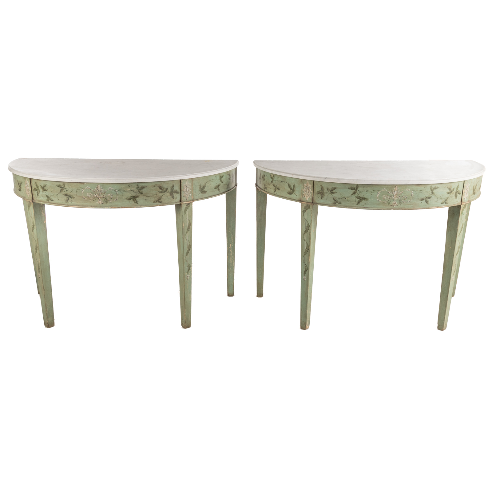 A PAIR OF MARBLE TOP DEMILUNE CONSOLES 3b296c