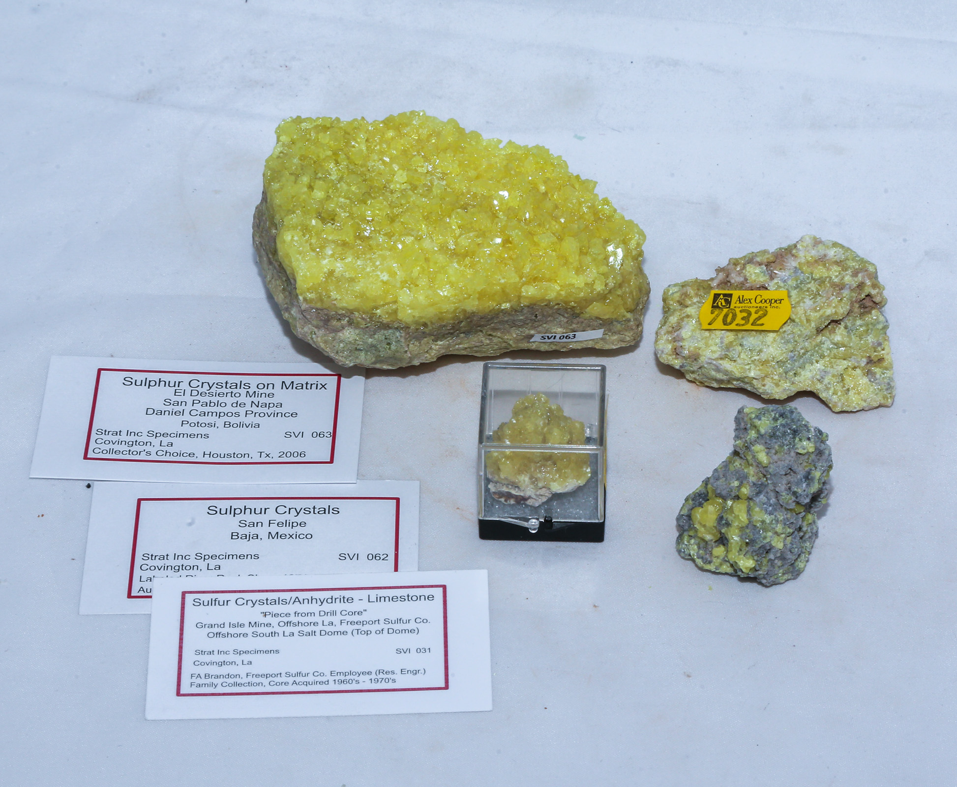 GROUP OF SULPHUR MINERAL SPECIMENS Comprising