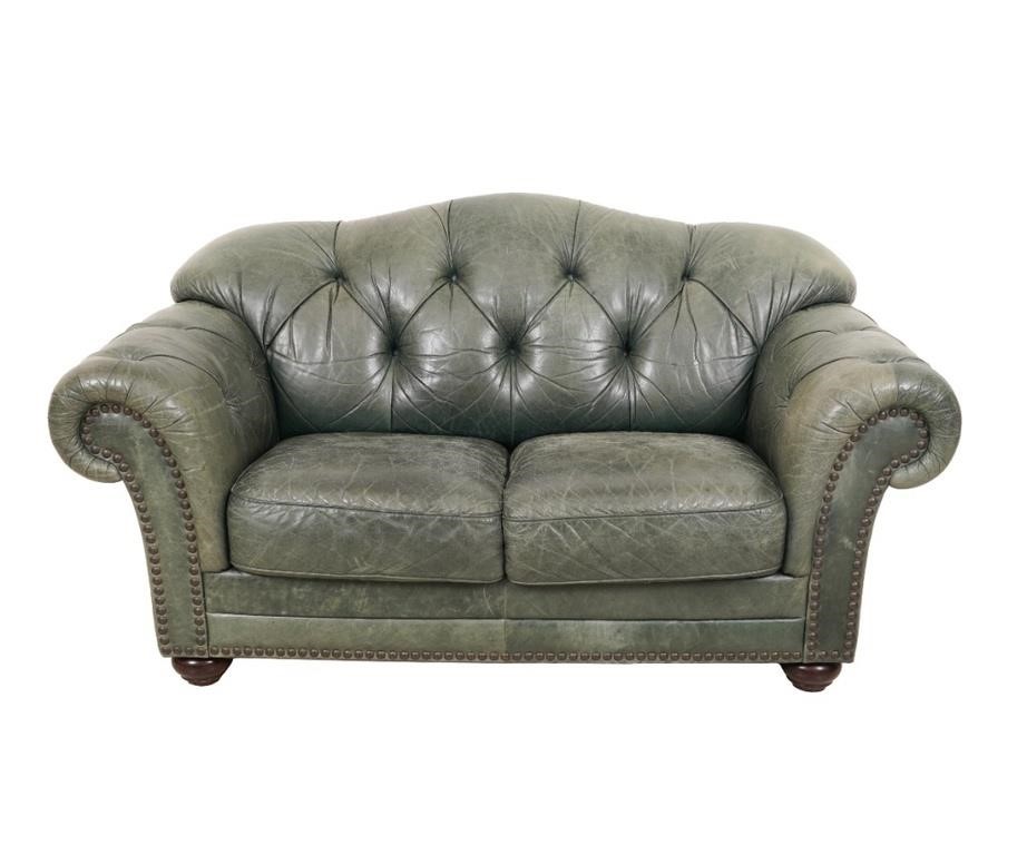 Studded green tufted leather upholstered 3b2afd