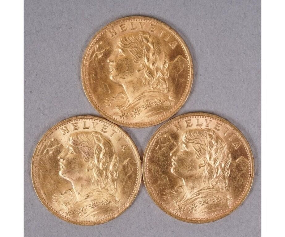 Three 1922 Swiss Helvita 20 francs