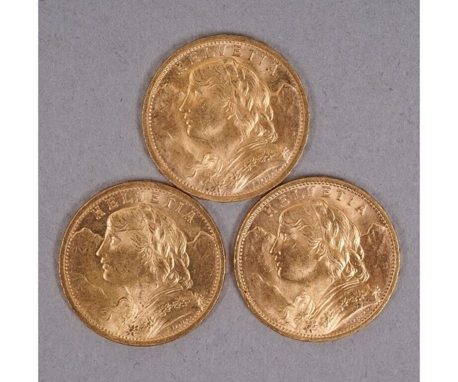 Three Swiss Helvita 20 francs gold