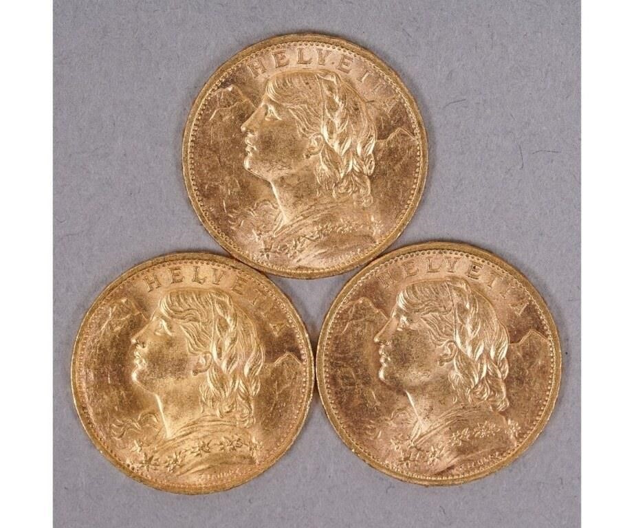 Three Swiss Helvita 20 francs gold