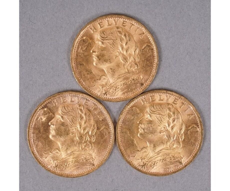 Three 1935 Swiss Helvita 20 francs
