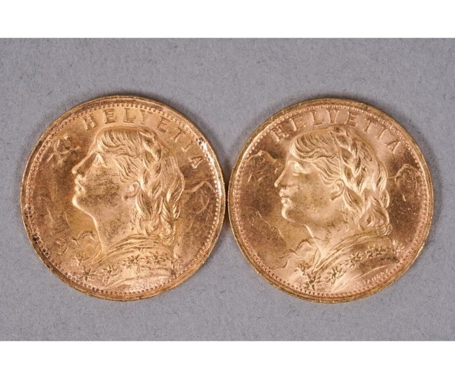 Two Swiss Helvita 20 francs gold