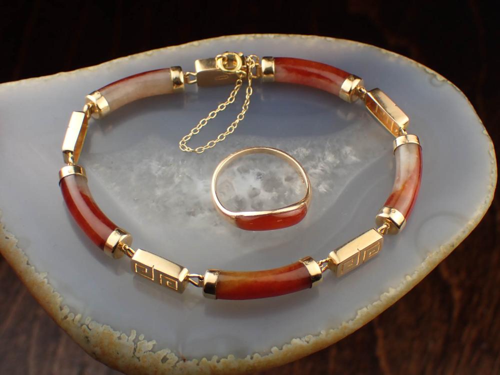 TWO ARTICLES OF RED JADE AND GOLD