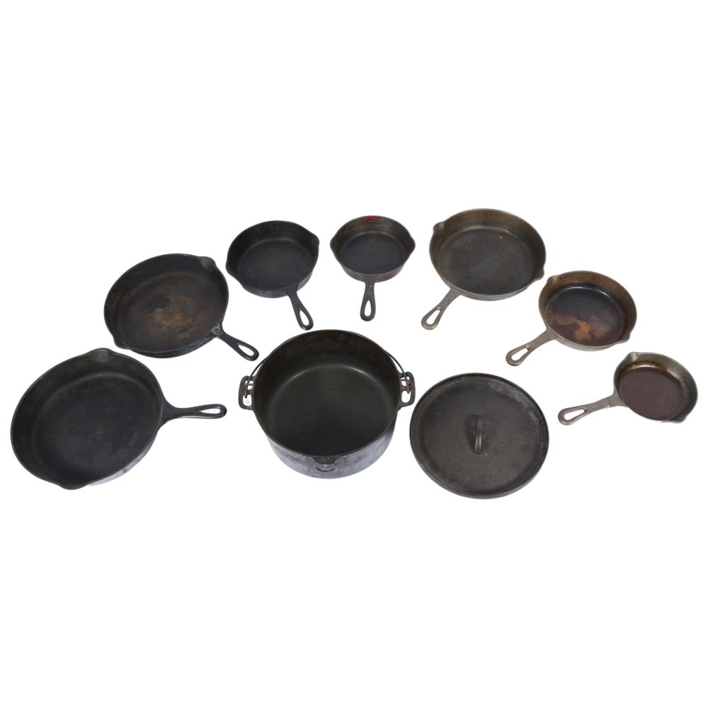 9PC GROUP OF CAST IRON PANS AND DUTCH