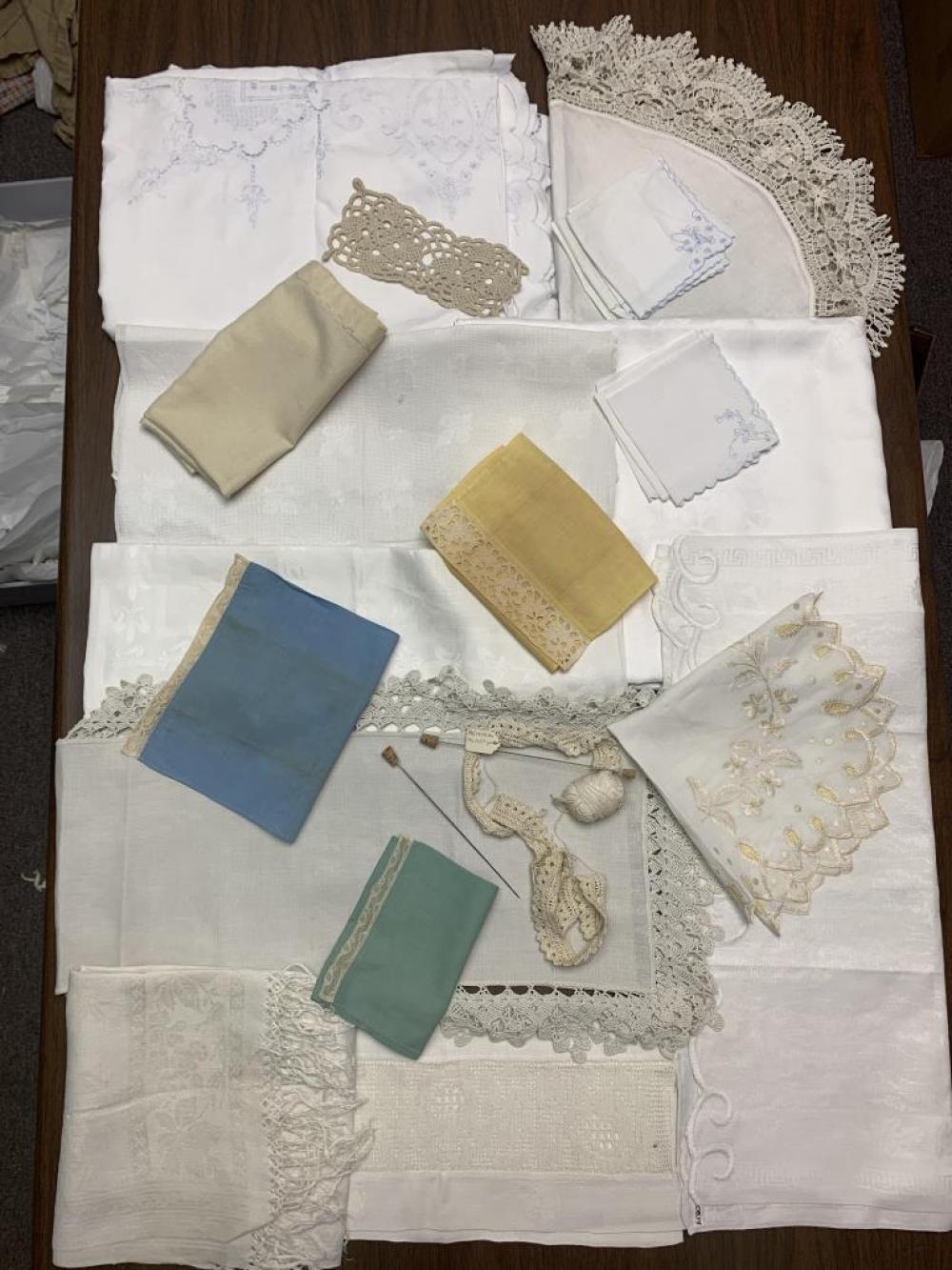 BOX LOT OF ANTIQUE LINENS, HANDKERCHIEFS,