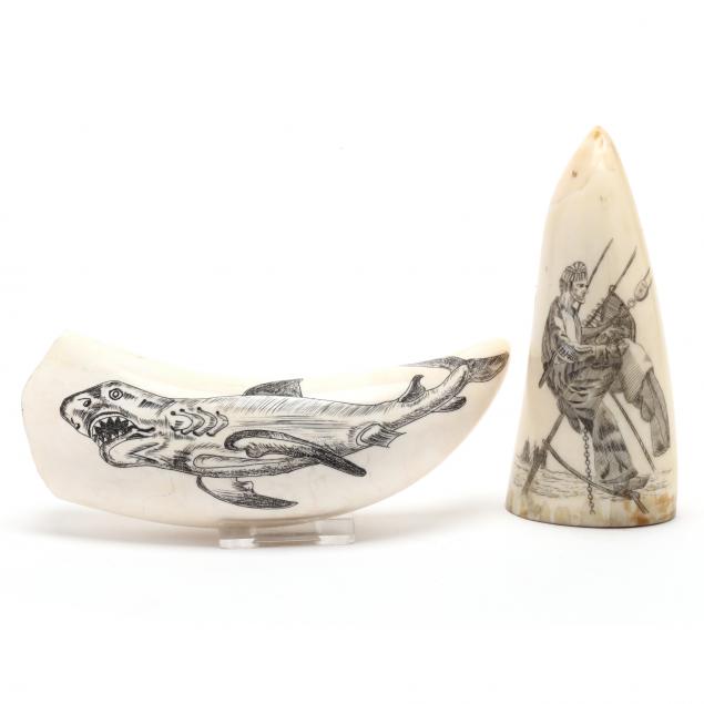 TWO WHALE TOOTH SCRIMSHAWS The