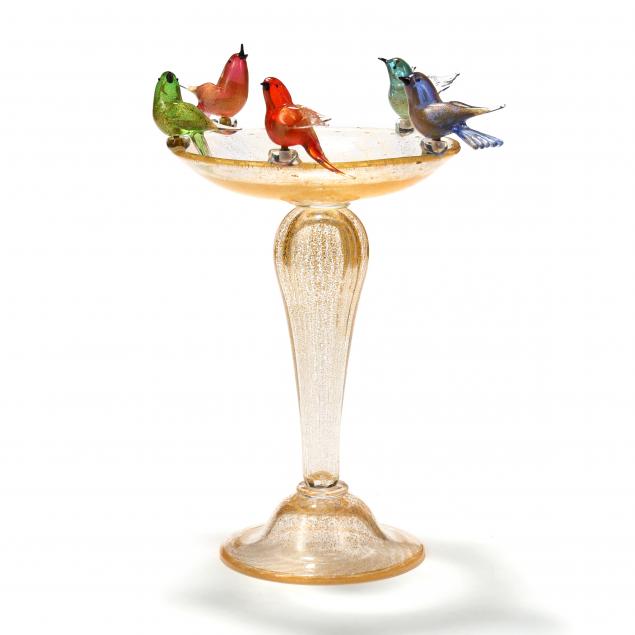 LARGE MURANO GLASS BIRD BATH WITH BIRDS