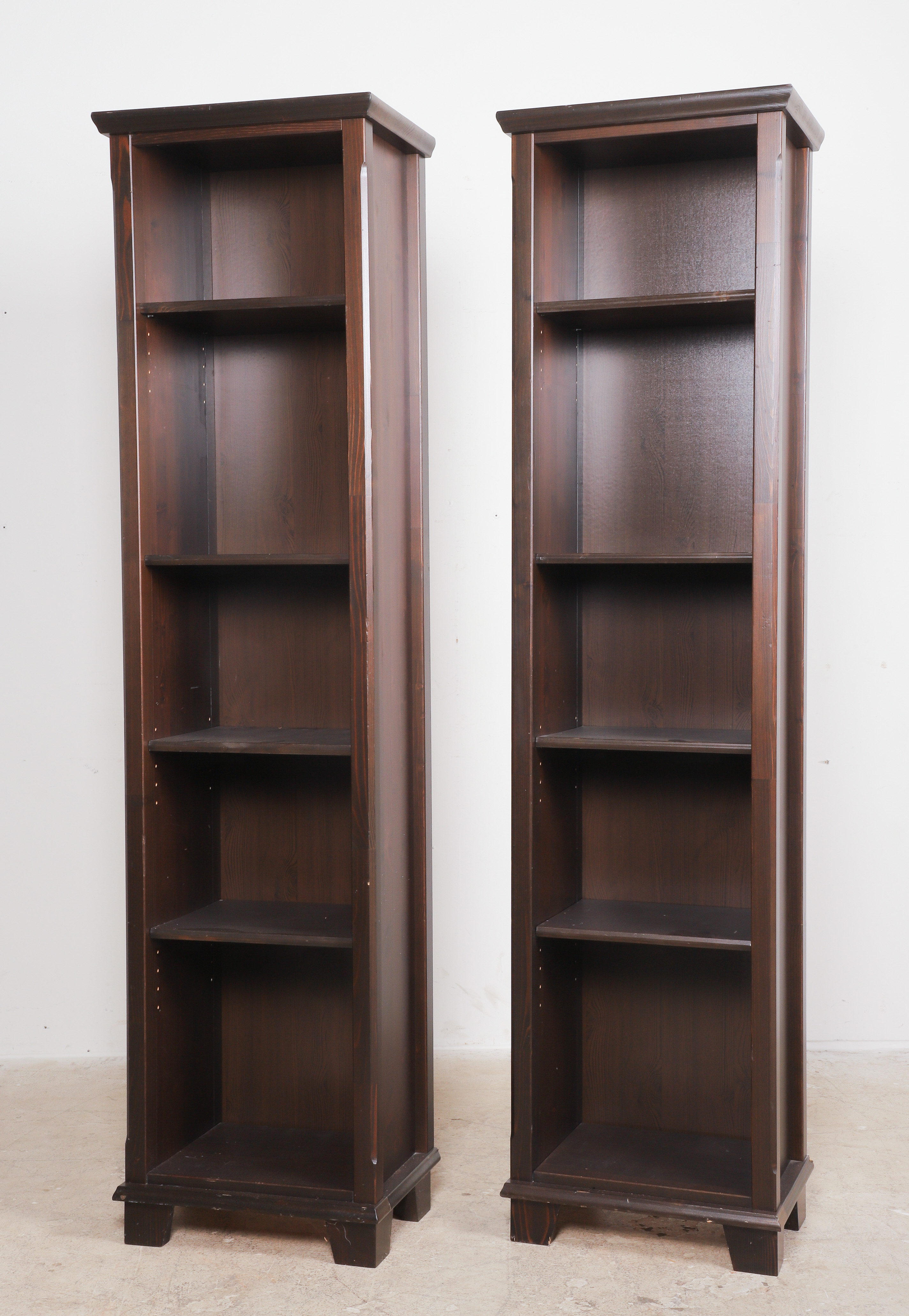 Pair oak open bookcases, adjustable