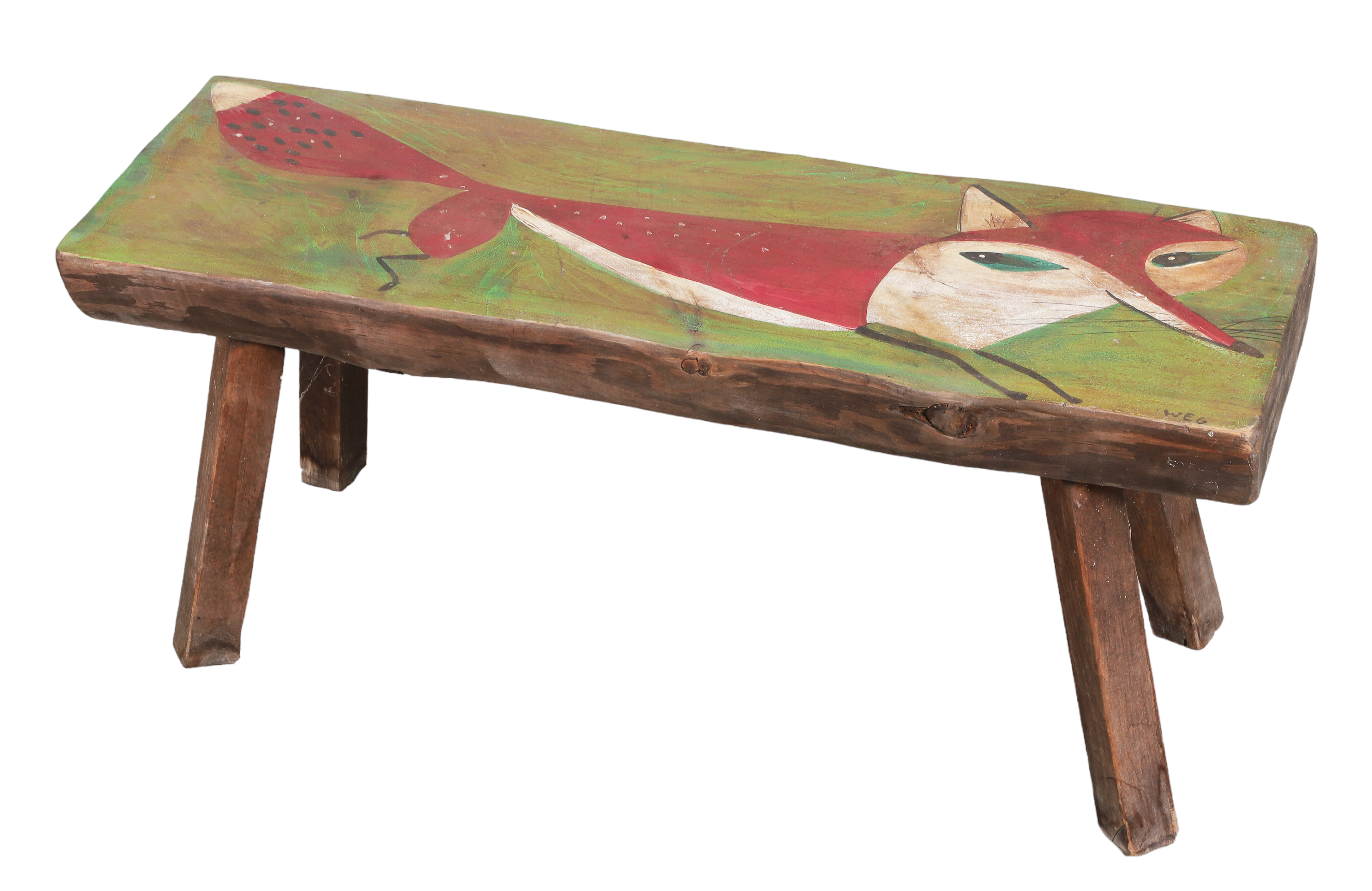 Pine paint decorated bench w/ fox,