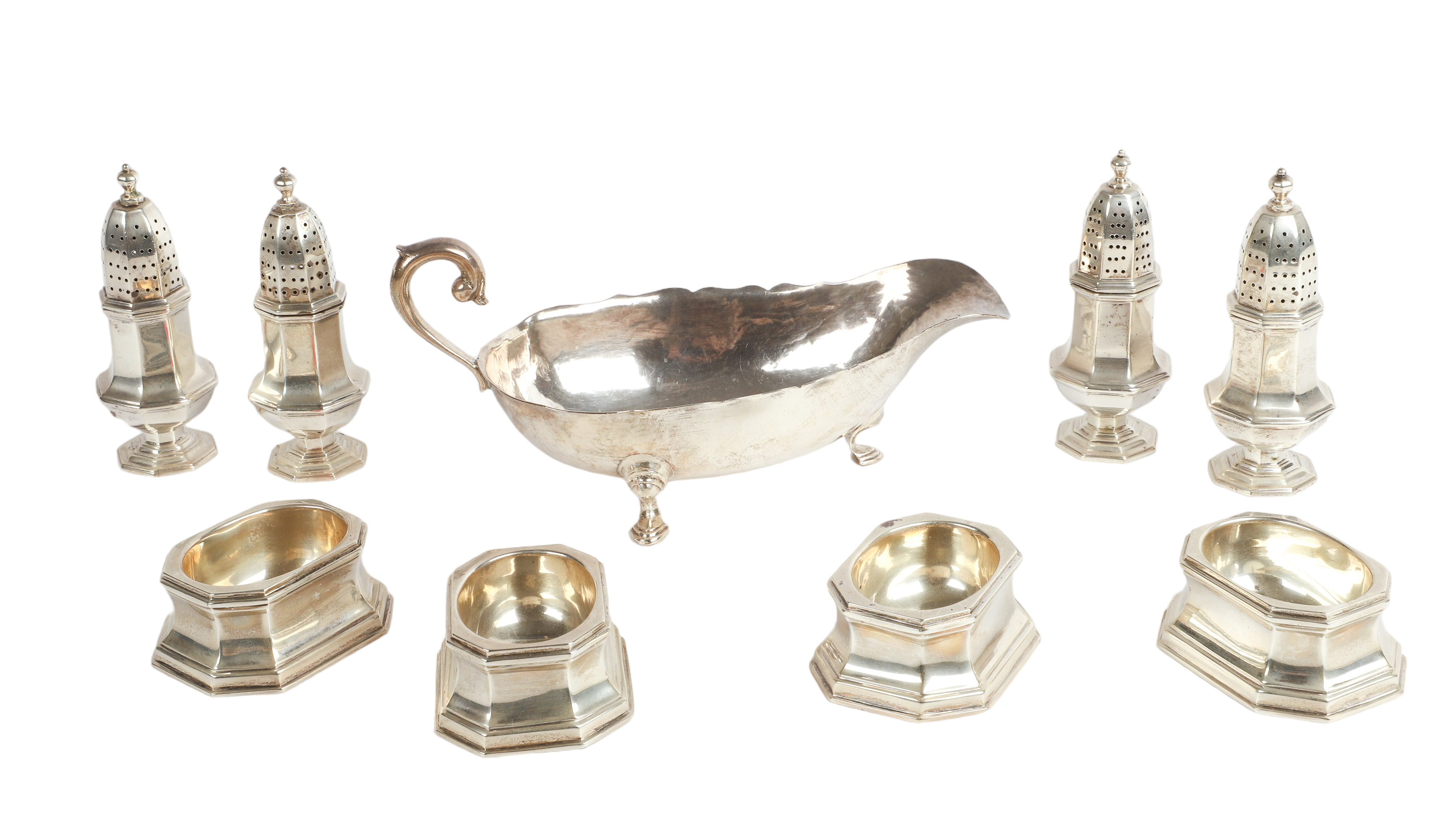 Sterling salt cellars, shakers and sauce