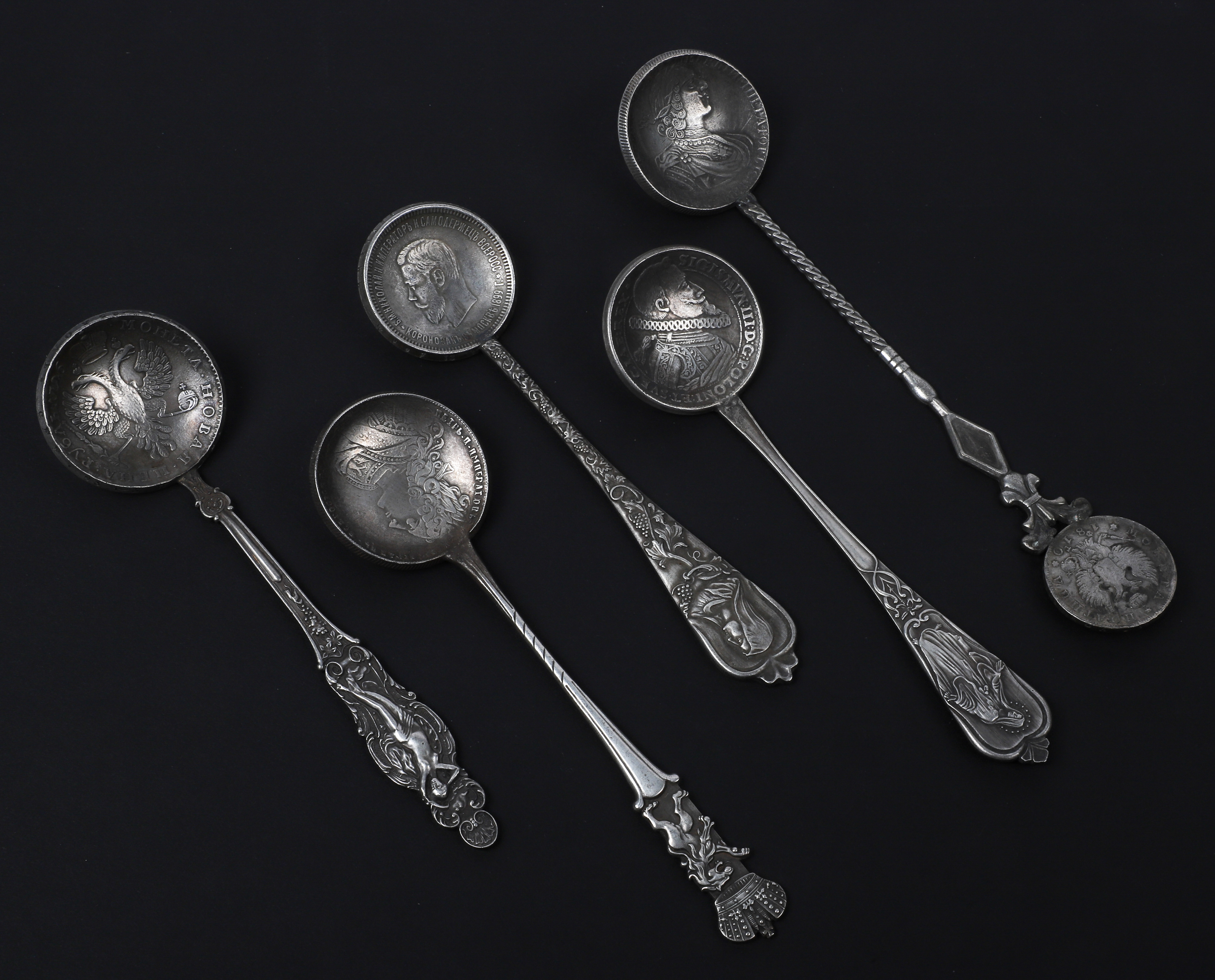 (5) Russian silver coin centered spoons
